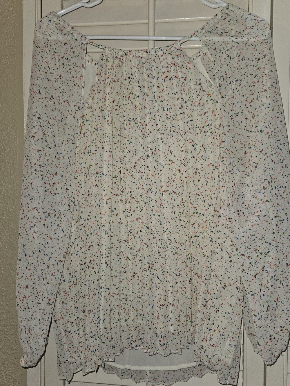 Lightweight White Pleated Multi Colorl-Print Women’s Blouse